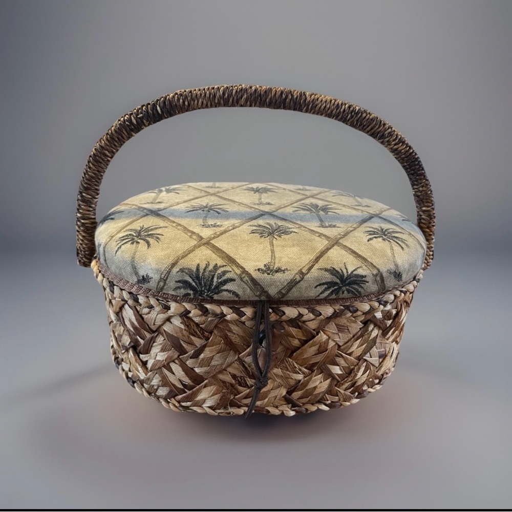 Palm Patterned Tan Jewelry Box, Organizer with Handle